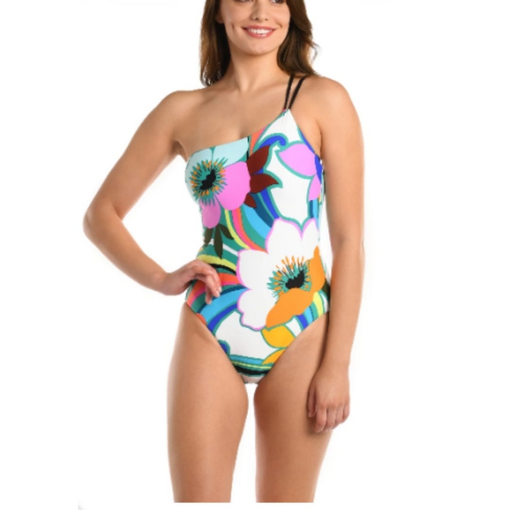 LA BLANCA One Shoulder Multi‎ color Floral One Piece Swimsuit / Swimwear